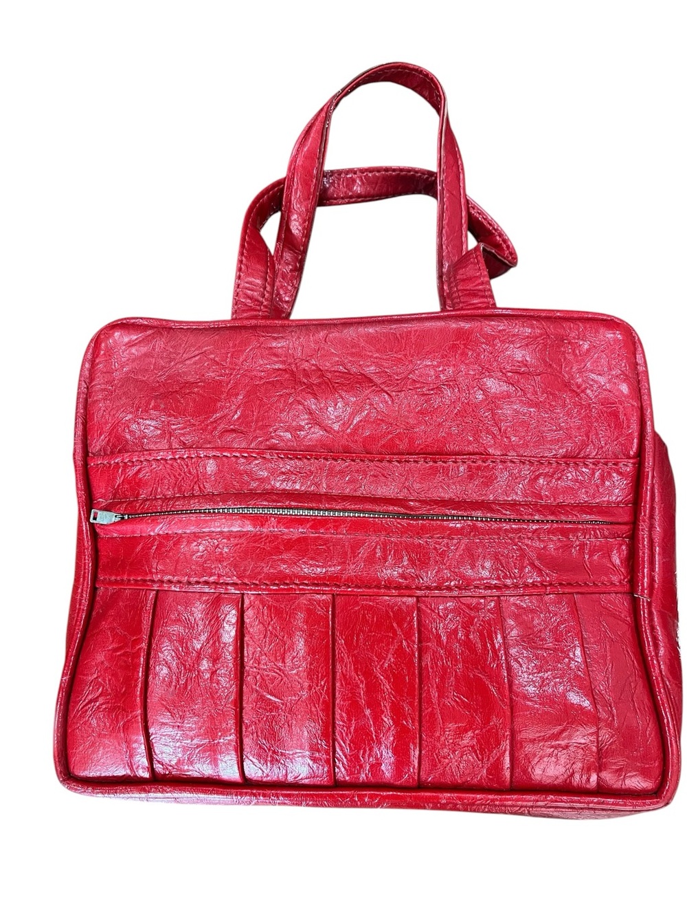 Vintage 1970s Cherry Red Crinkle Vinyl Tote Bag Mod Pleated Shoulder Purse - Picture 3 of 8